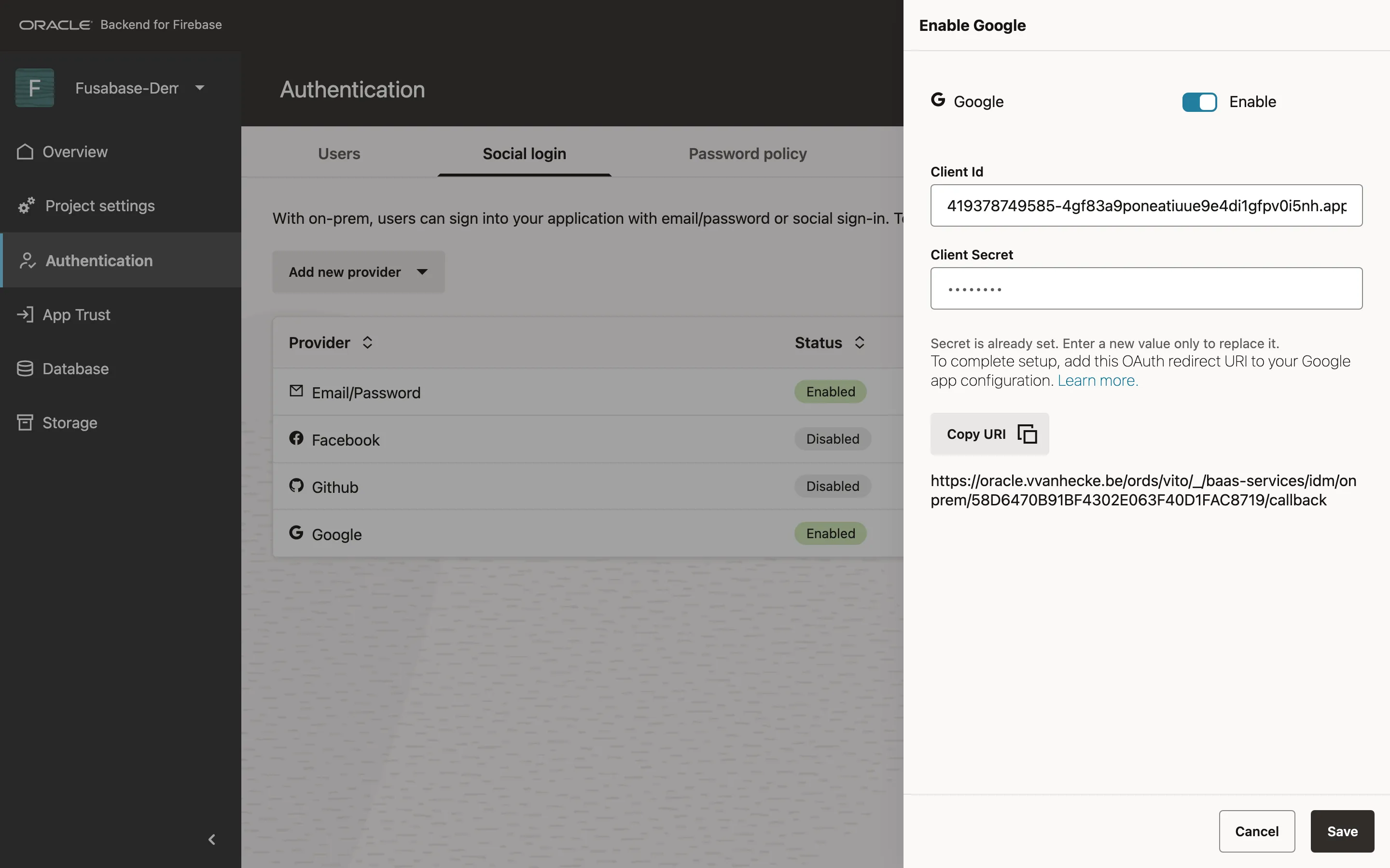 The Google provider configured in the Console