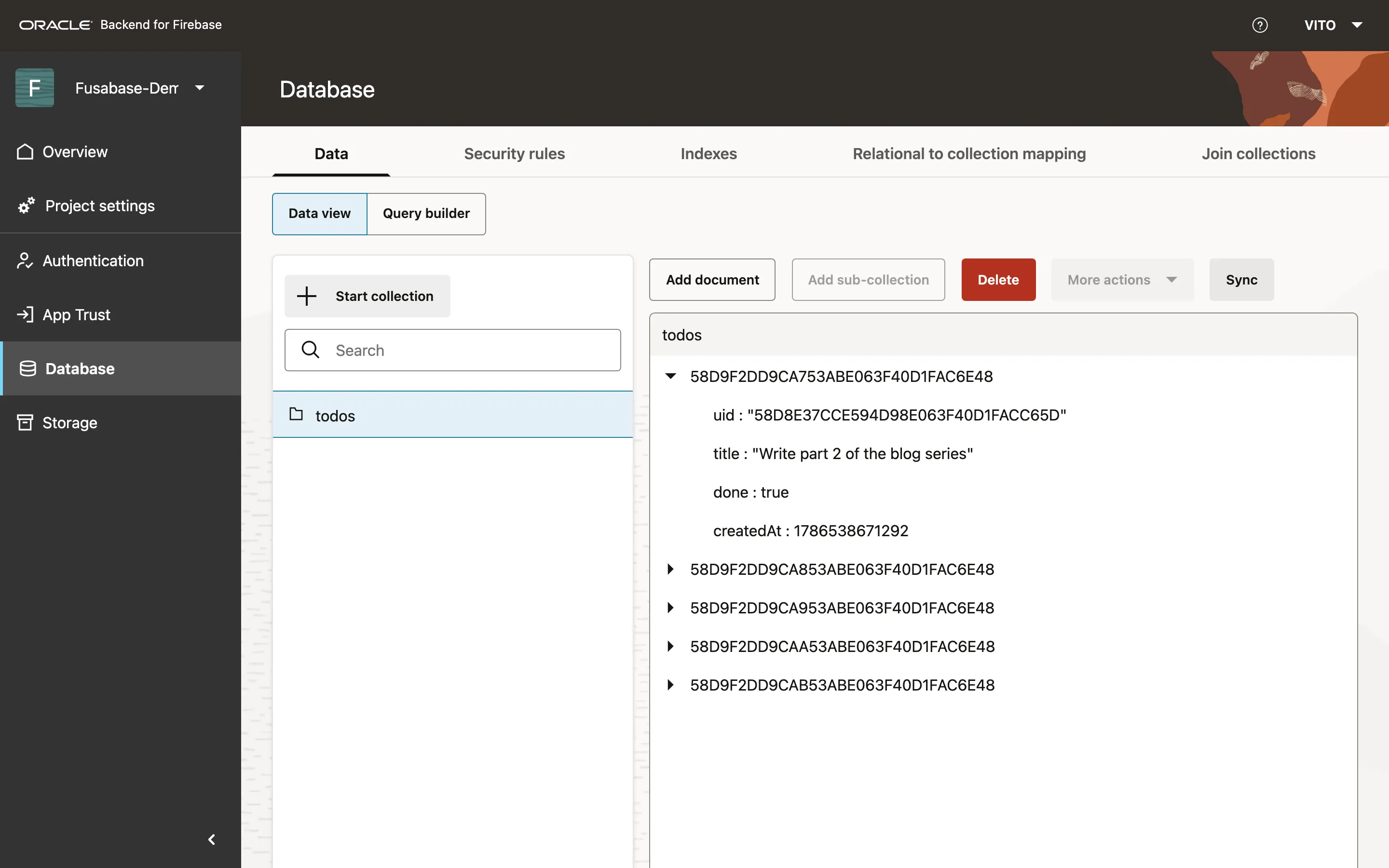 The todos collection in the Console data browser