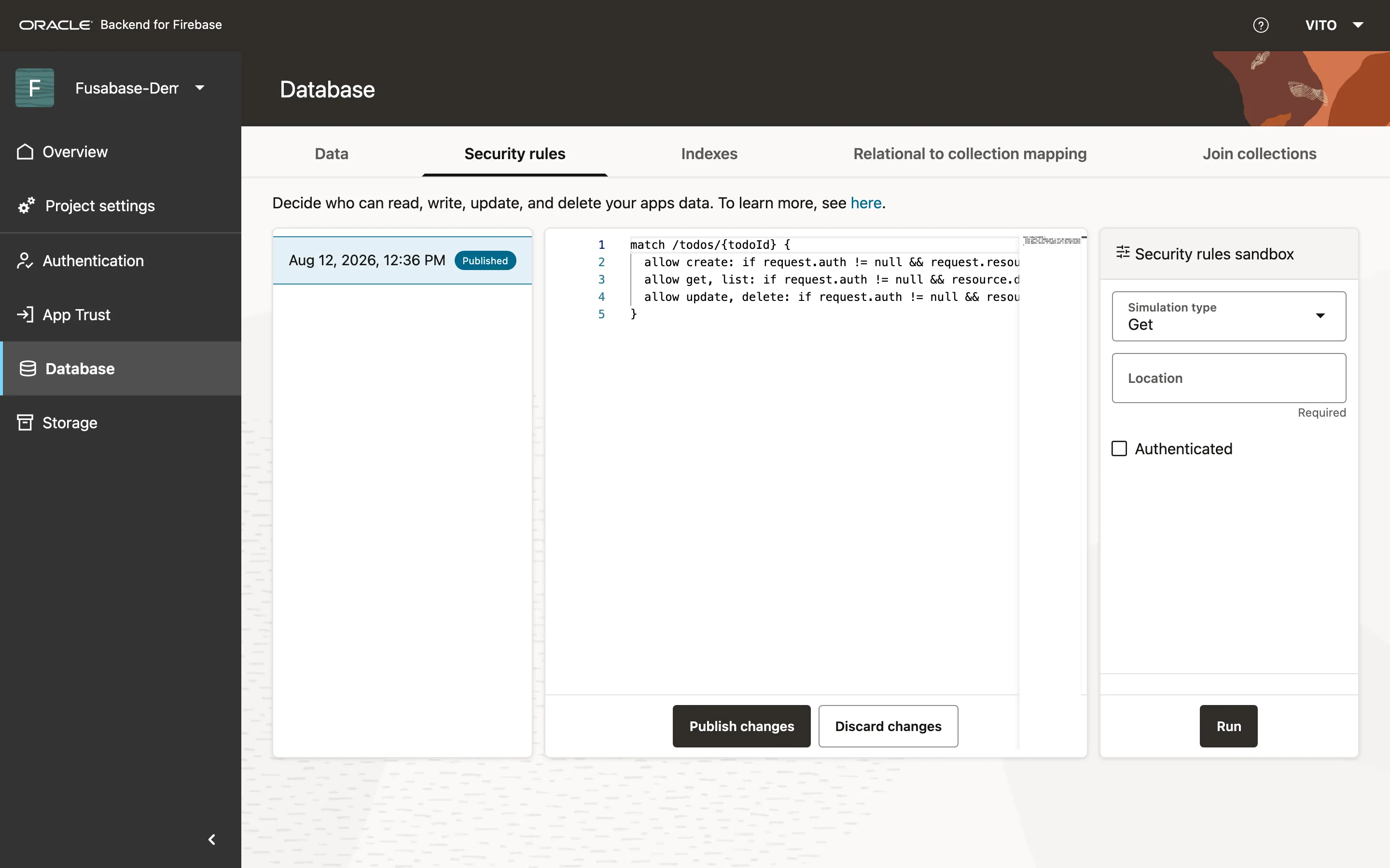 The database rules published in the Console