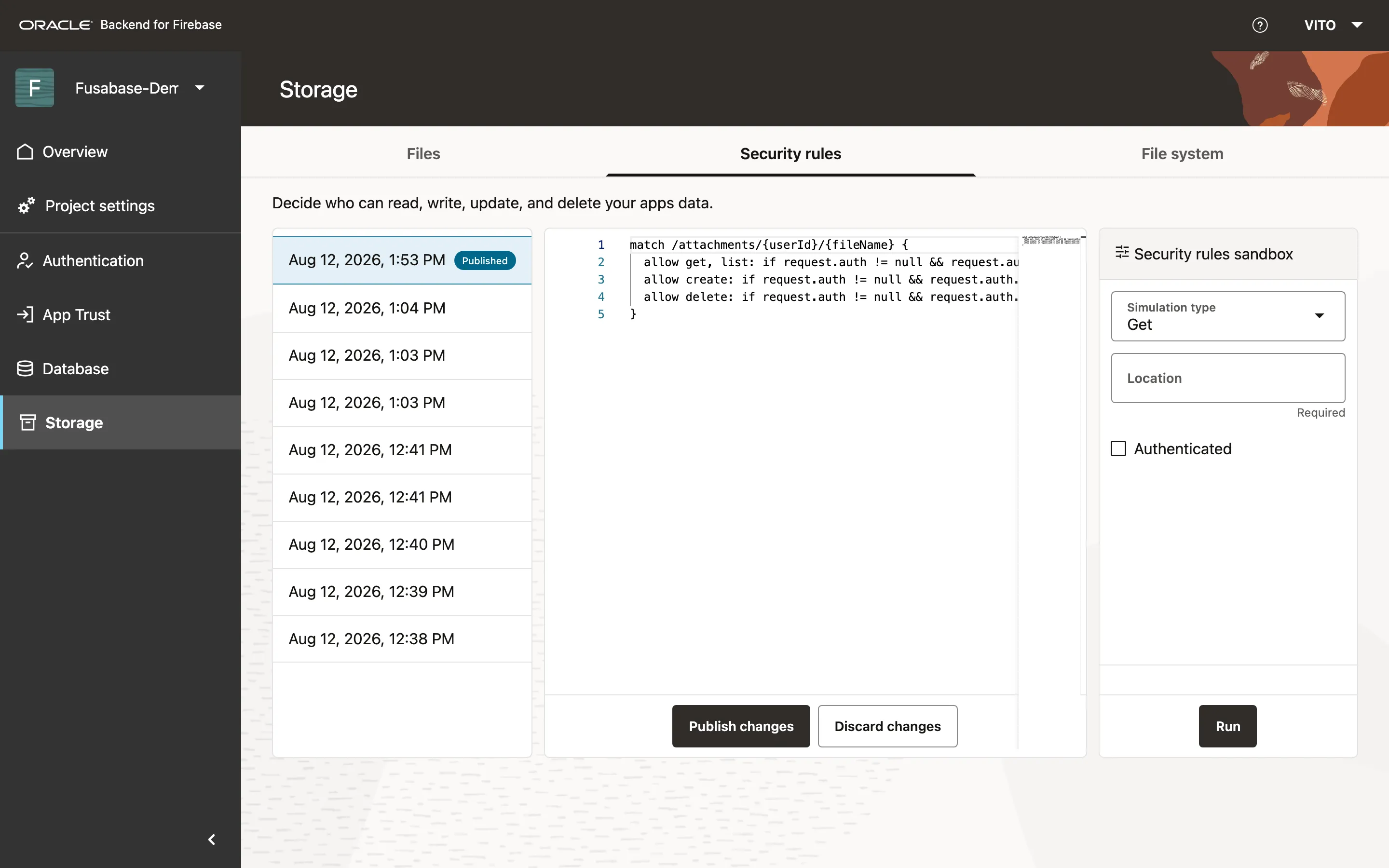 The storage rules published in the Console