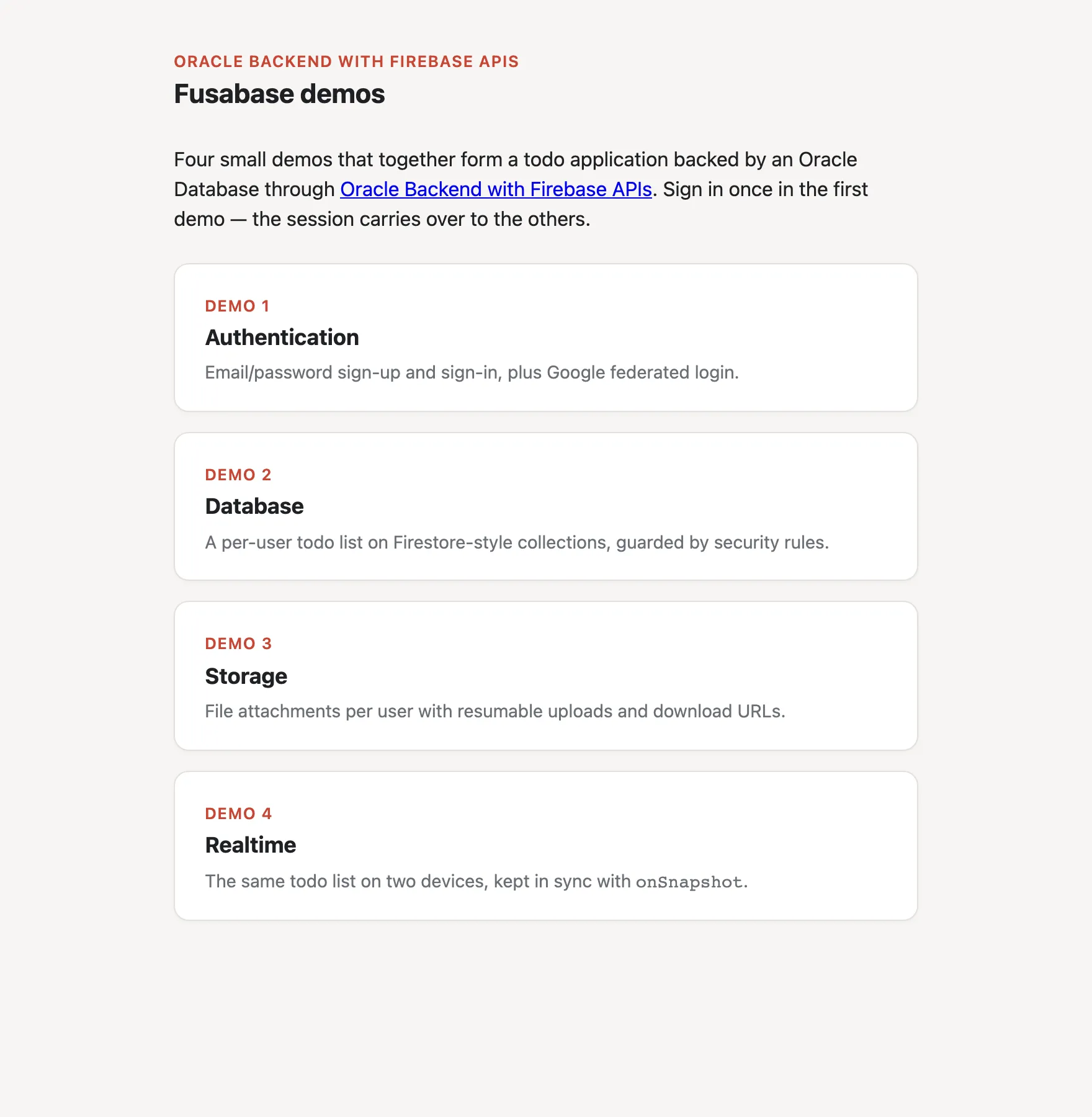 The demo landing page
