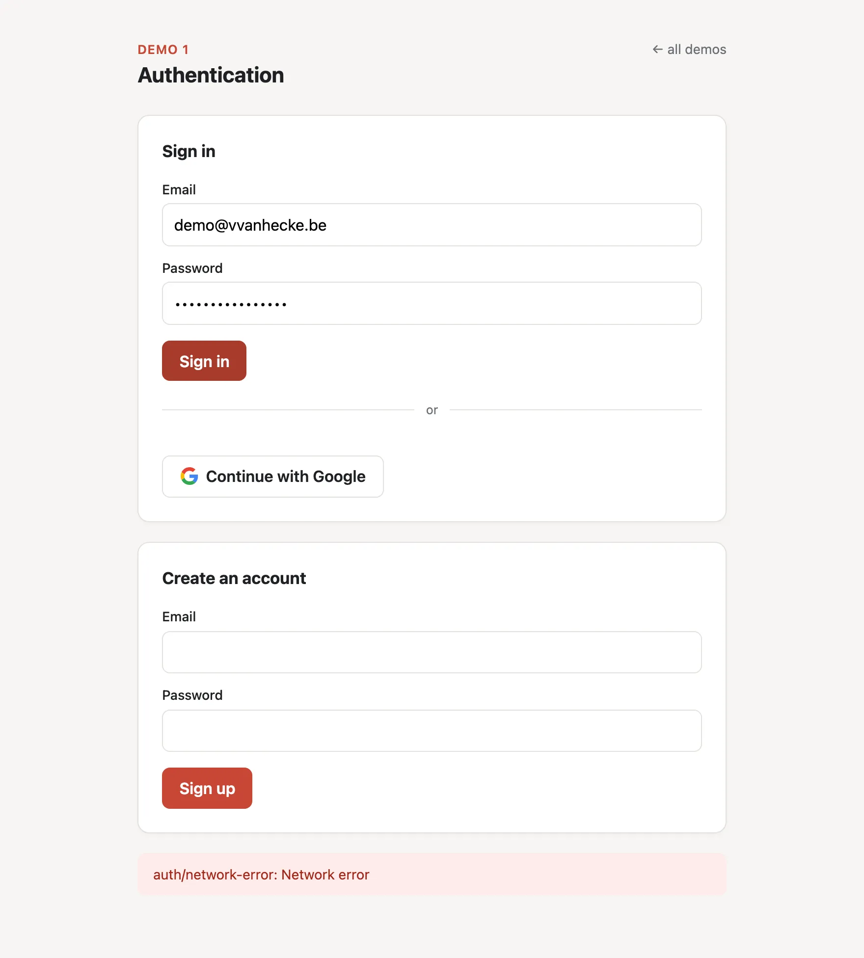 Demo 1: sign-in fails with auth/network-error