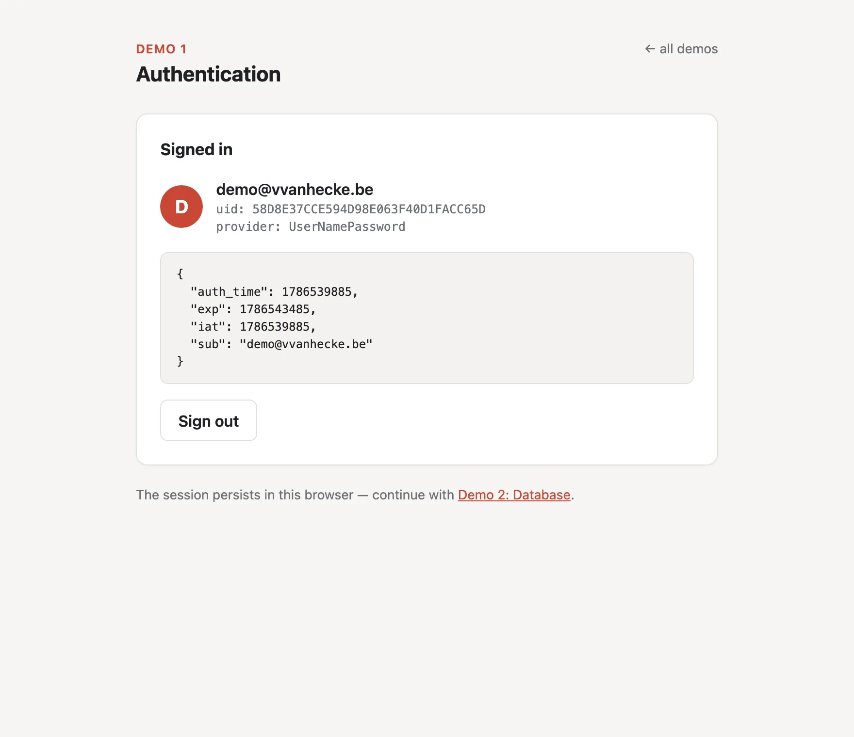 Demo 1, signed in with token claims