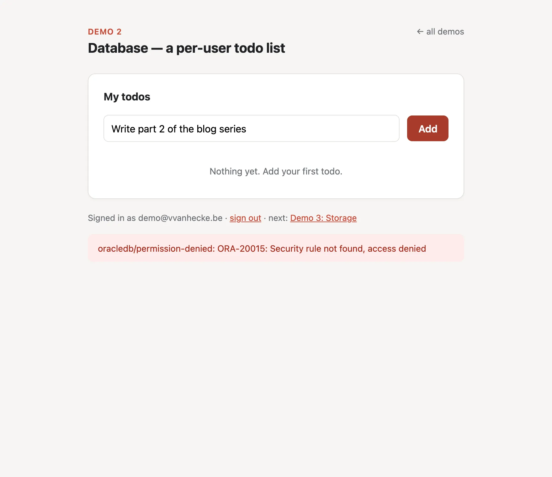 Demo 2: ORA-20015, security rule not found, access denied